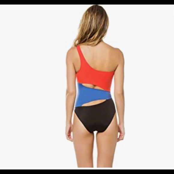 Solid and striped asymmetrical one piece swimsuit - Picture 2 of 5